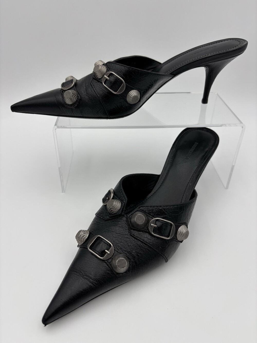Balenciaga Point Toe Mules Black Leather Studded Size 39 / 9 Kitten Heel